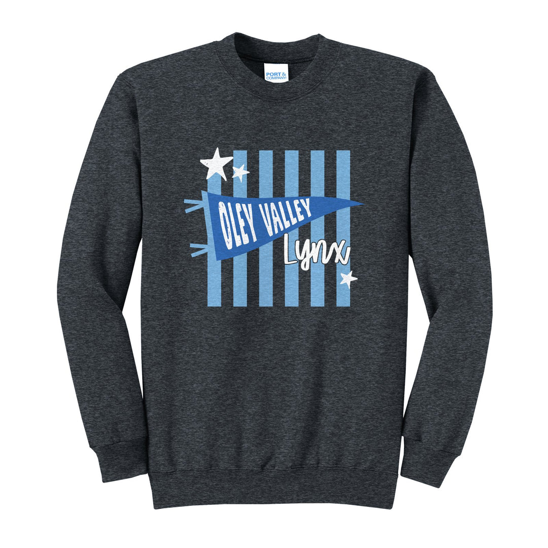 Oley Valley Lynx Pennant Stripes crewneck sweatshirt in Dark Heather Grey: an Oley Valley pennant and Lynx script over light blue stripes and stars