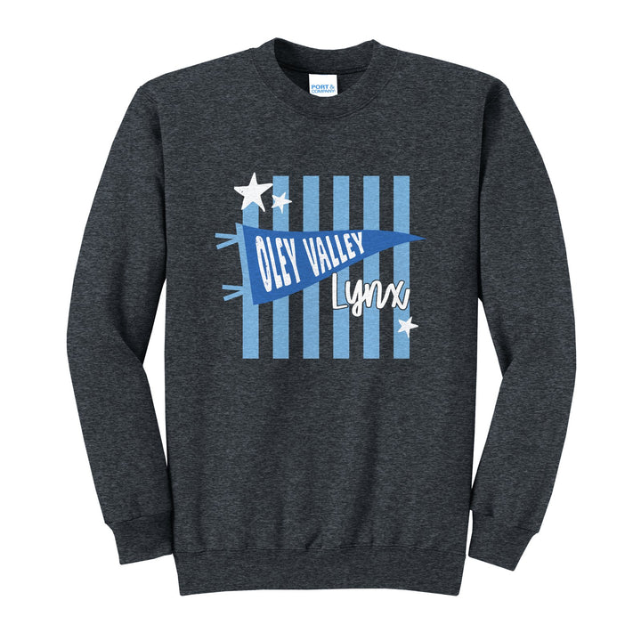 Oley Valley Lynx Pennant Stripes crewneck sweatshirt in Dark Heather Grey: an Oley Valley pennant and Lynx script over light blue stripes and stars