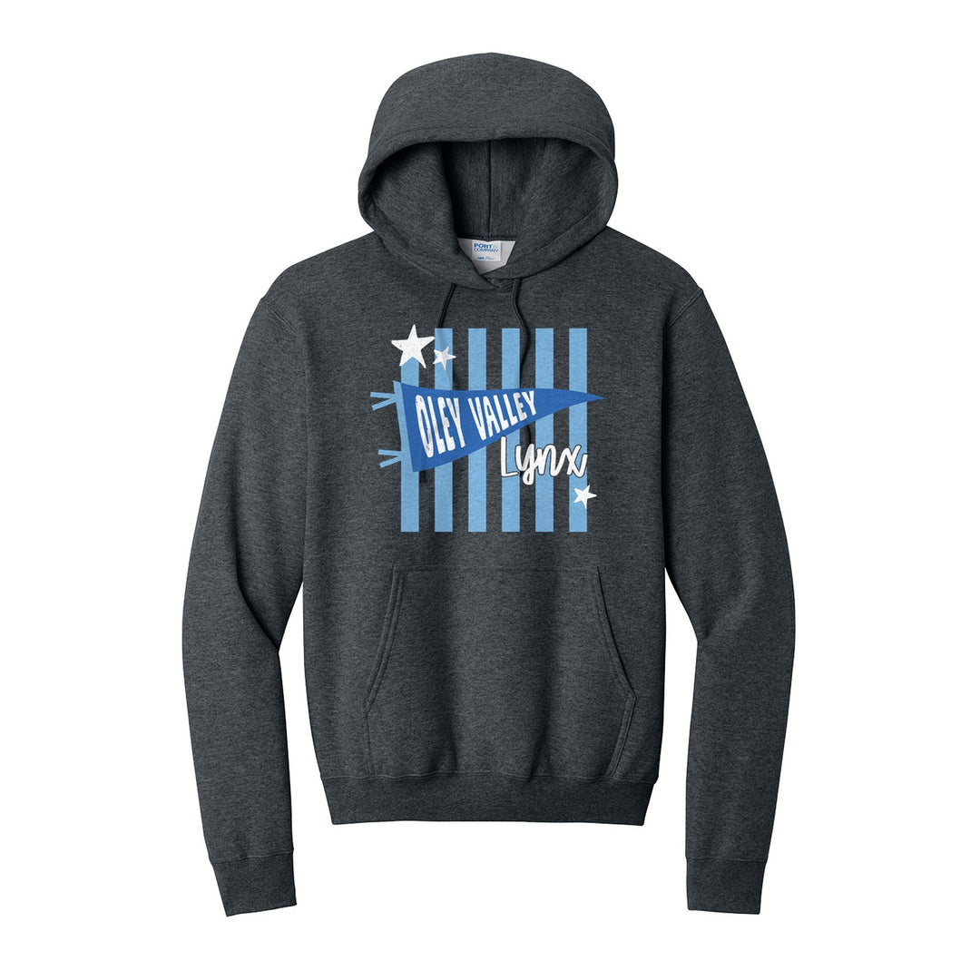 Oley Valley Lynx Pennant Stripes hoodie in Dark Heather Grey: an Oley Valley pennant and Lynx script over light blue stripes and stars
