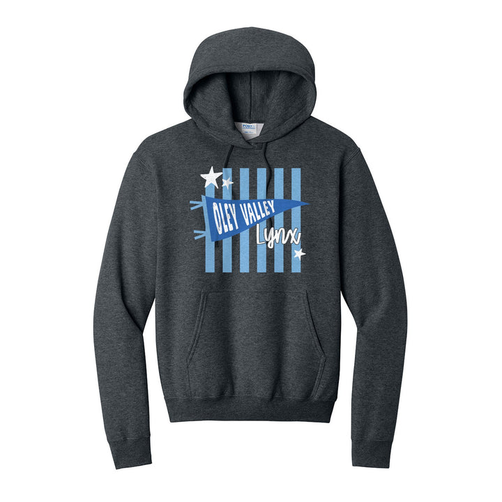 Oley Valley Lynx Pennant Stripes hoodie in Dark Heather Grey: an Oley Valley pennant and Lynx script over light blue stripes and stars