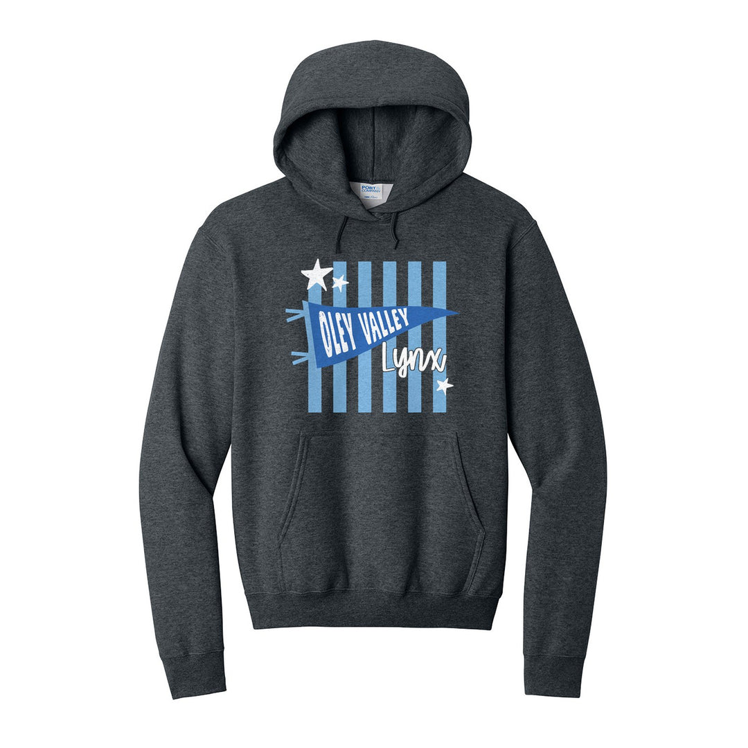 Oley Valley Lynx Pennant Stripes hoodie in Dark Heather Grey: an Oley Valley pennant and Lynx script over light blue stripes and stars