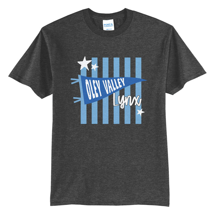 Oley Valley Lynx Pennant Stripes t-shirt in Dark Heather Grey: an Oley Valley pennant and Lynx script over light blue stripes and stars