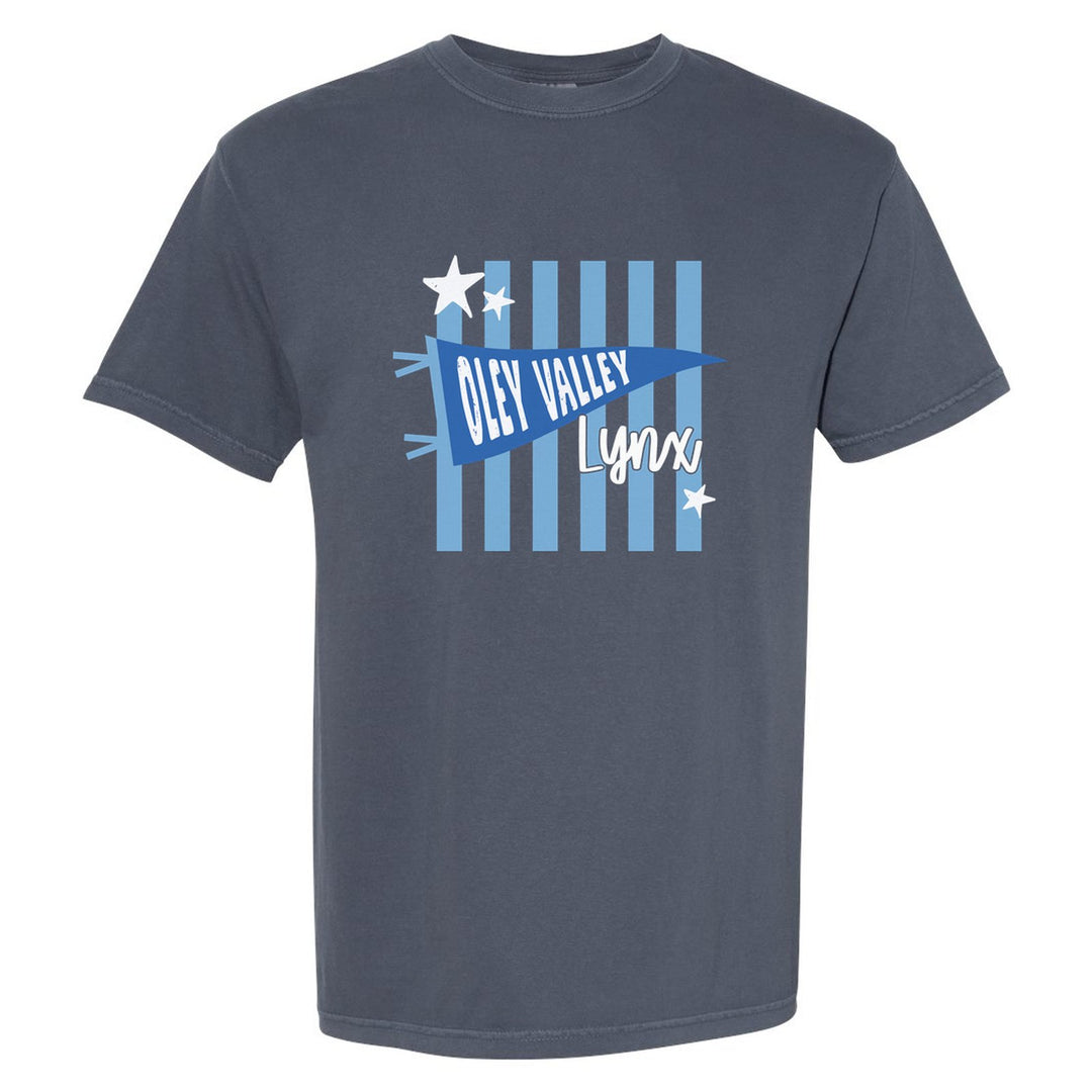 Oley Valley Lynx Pennant Stripes comfort colors t-shirt in Denim: an Oley Valley pennant and Lynx script over light blue stripes and stars