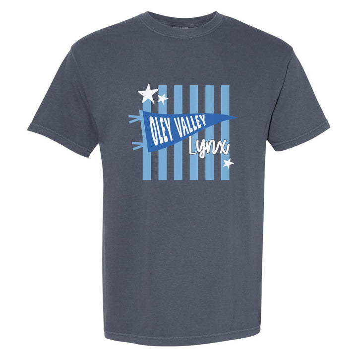 Oley Valley Lynx Pennant Stripes comfort colors t-shirt in Denim: an Oley Valley pennant and Lynx script over light blue stripes and stars