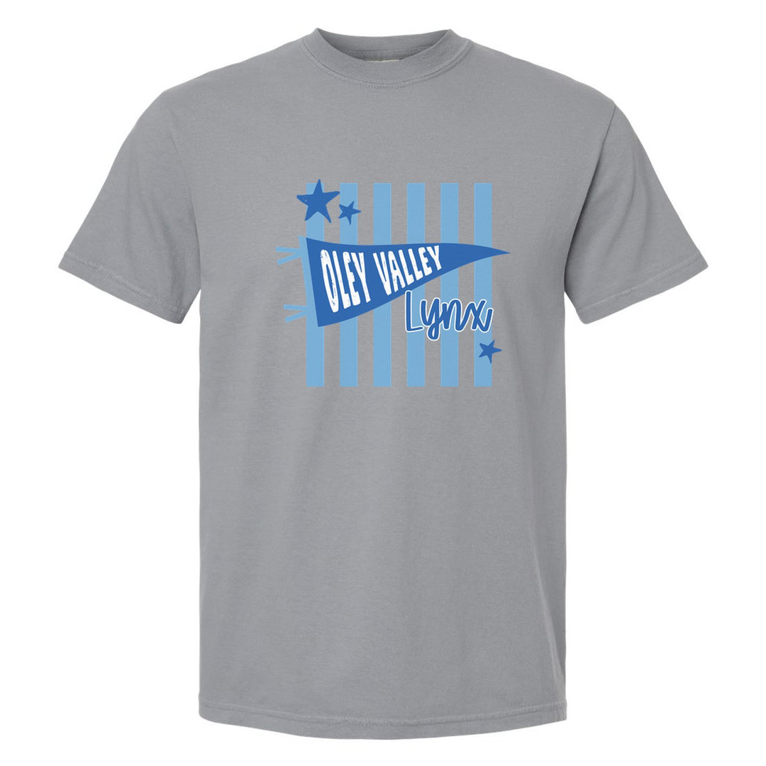 Oley Valley Lynx Pennant Stripes comfort colors t-shirt in Granite: an Oley Valley pennant and Lynx script over light blue stripes and stars