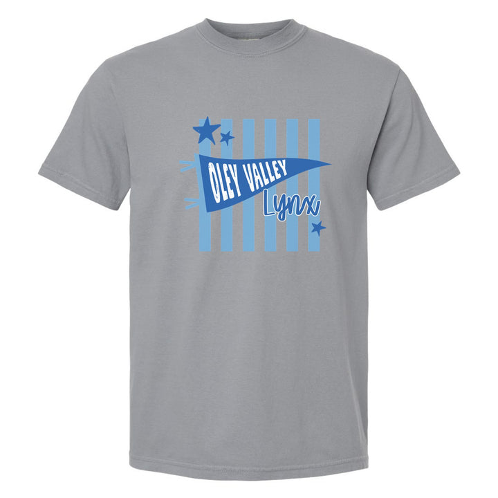 Oley Valley Lynx Pennant Stripes comfort colors t-shirt in Granite: an Oley Valley pennant and Lynx script over light blue stripes and stars