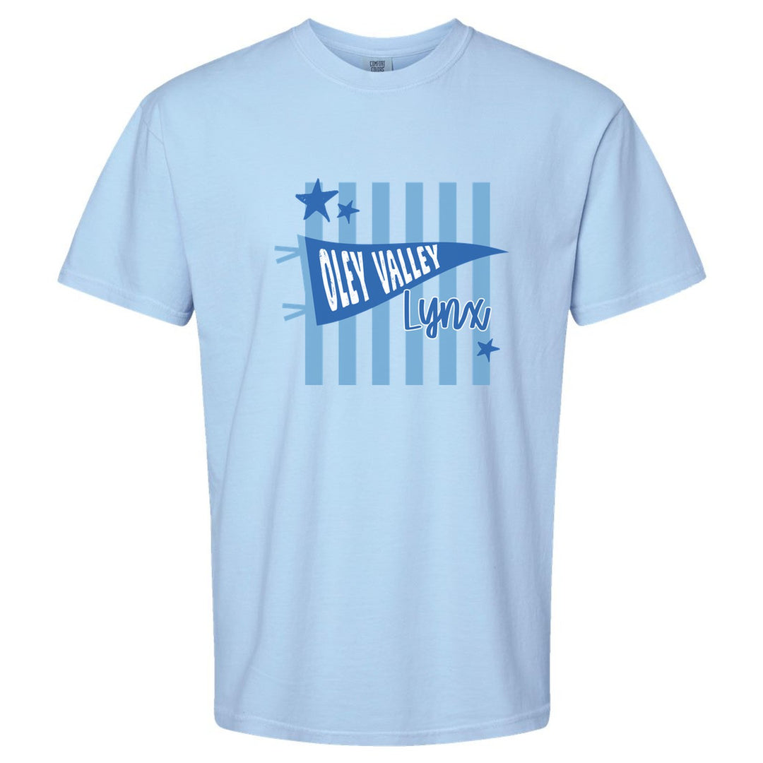 Oley Valley Lynx Pennant Stripes comfort colors t-shirt in Hydrangea: an Oley Valley pennant and Lynx script over light blue stripes and stars
