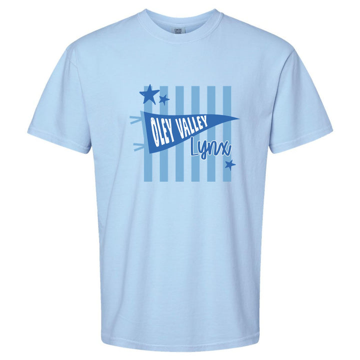 Oley Valley Lynx Pennant Stripes comfort colors t-shirt in Hydrangea: an Oley Valley pennant and Lynx script over light blue stripes and stars