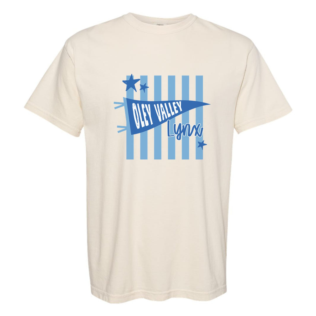 Oley Valley Lynx Pennant Stripes comfort colors t-shirt in Ivory: an Oley Valley pennant and Lynx script over light blue stripes and stars