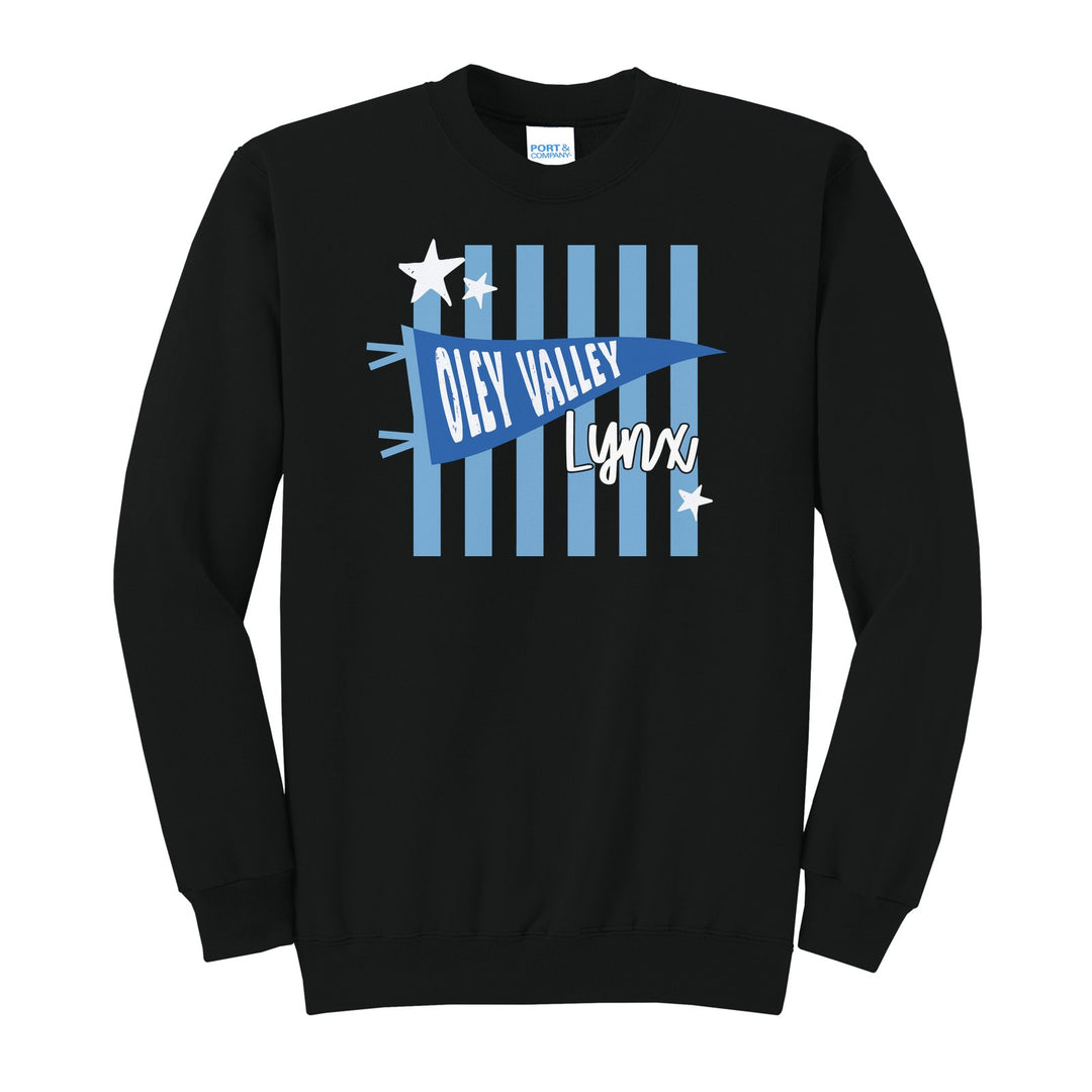 Oley Valley Lynx Pennant Stripes crewneck sweatshirt in Jet Black: an Oley Valley pennant and Lynx script over light blue stripes and stars