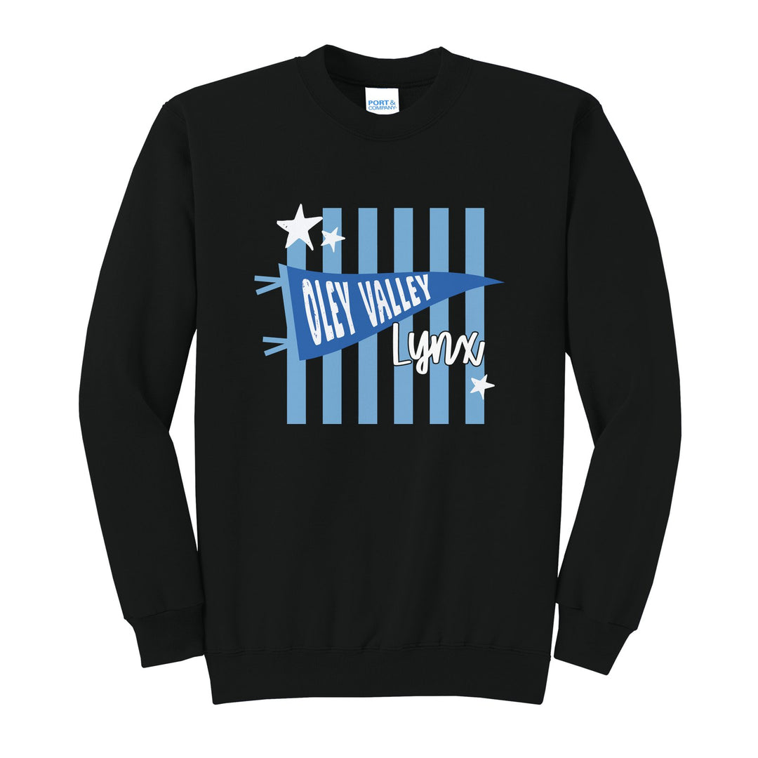 Oley Valley Lynx Pennant Stripes crewneck sweatshirt in Jet Black: an Oley Valley pennant and Lynx script over light blue stripes and stars