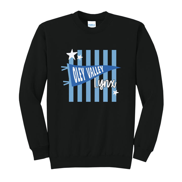 Oley Valley Lynx Pennant Stripes crewneck sweatshirt in Jet Black: an Oley Valley pennant and Lynx script over light blue stripes and stars