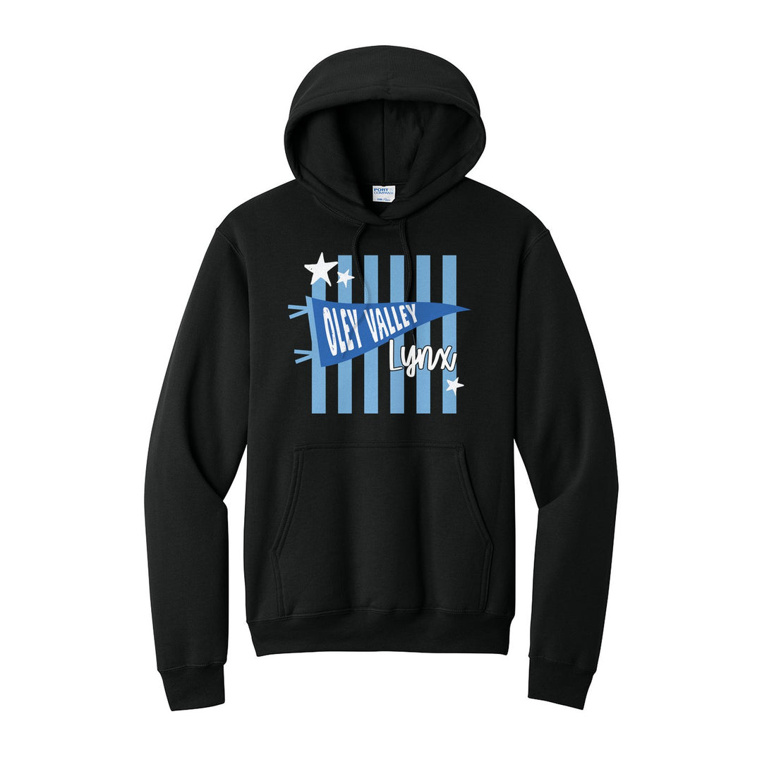 Oley Valley Lynx Pennant Stripes hoodie in Jet Black: an Oley Valley pennant and Lynx script over light blue stripes and stars