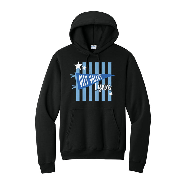 Oley Valley Lynx Pennant Stripes hoodie in Jet Black: an Oley Valley pennant and Lynx script over light blue stripes and stars