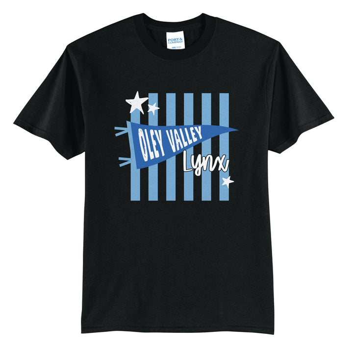 Oley Valley Lynx Pennant Stripes t-shirt in Jet Black: an Oley Valley pennant and Lynx script over light blue stripes and stars