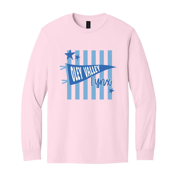 Oley Valley Lynx Pennant Stripes long sleeve t-shirt in Light Pink: an Oley Valley pennant and Lynx script over light blue stripes and stars