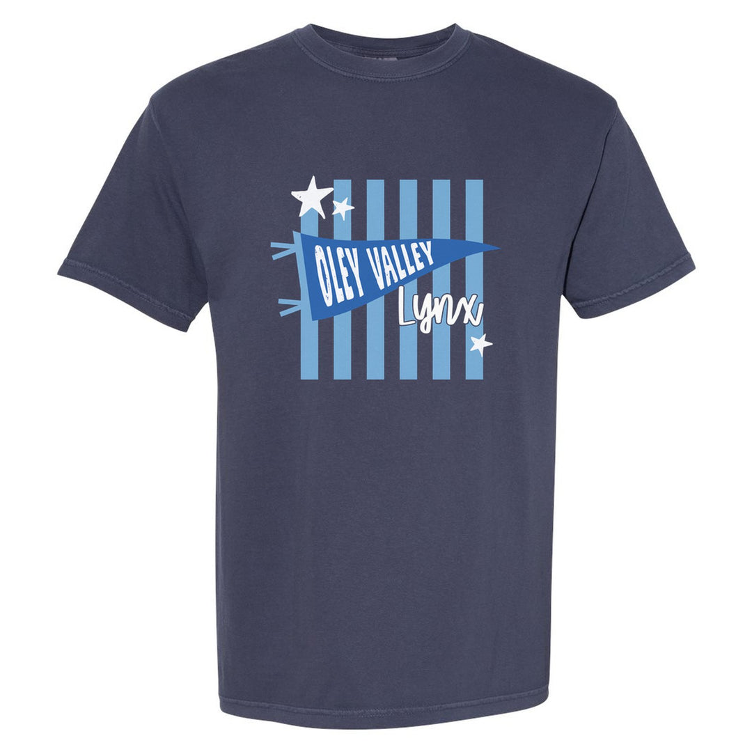 Oley Valley Lynx Pennant Stripes comfort colors t-shirt in Navy: an Oley Valley pennant and Lynx script over light blue stripes and stars