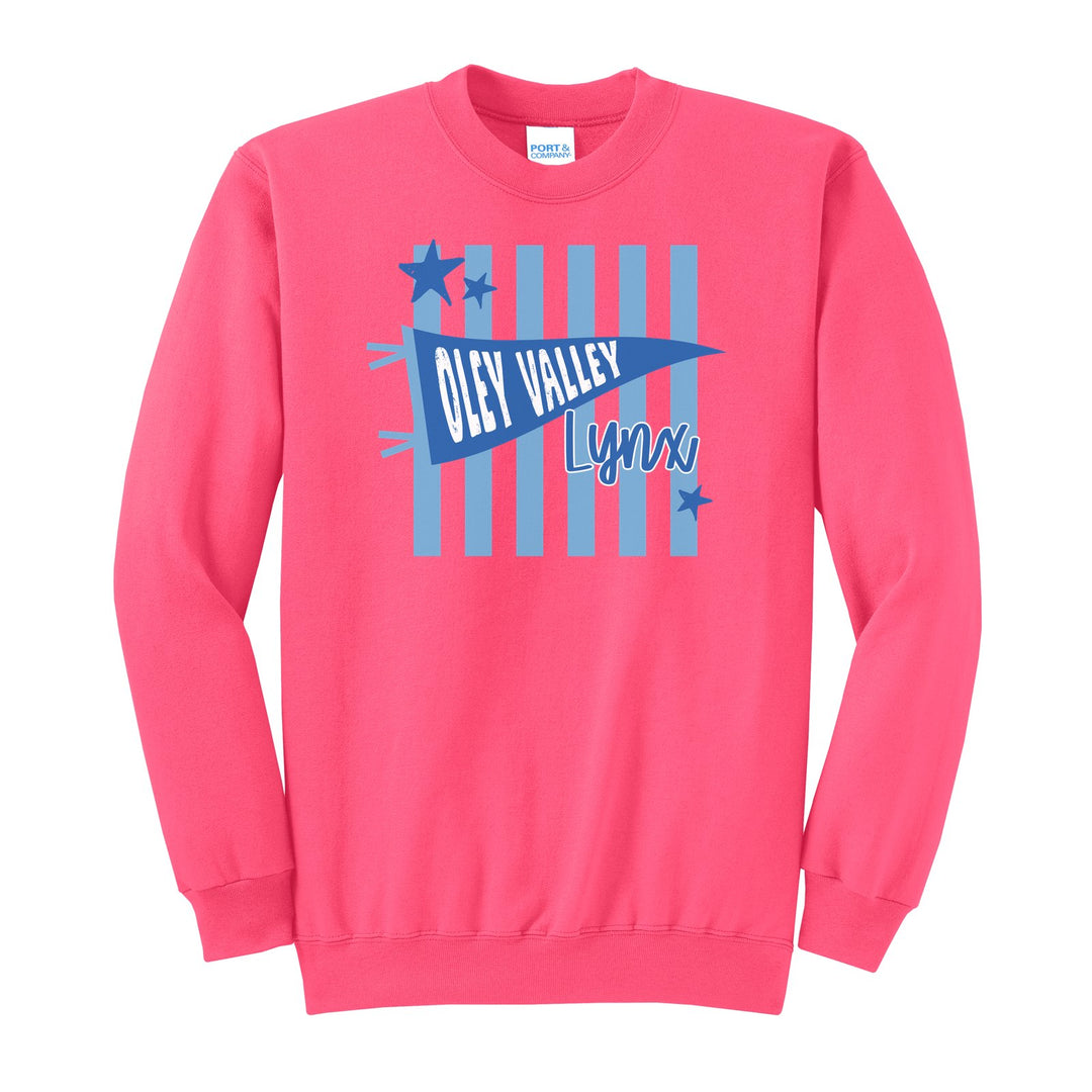 Oley Valley Lynx Pennant Stripes crewneck sweatshirt in Neon Pink: an Oley Valley pennant and Lynx script over light blue stripes and stars