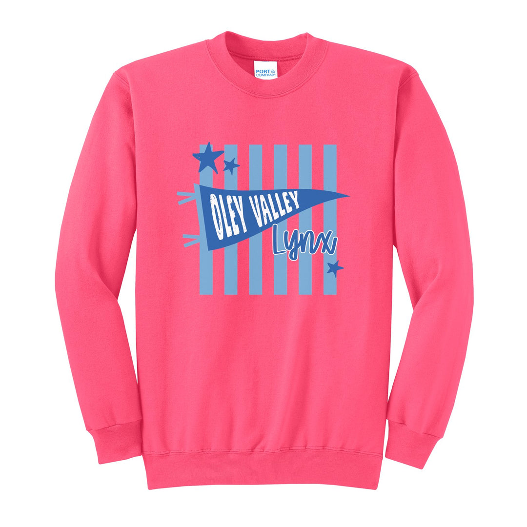 Oley Valley Lynx Pennant Stripes crewneck sweatshirt in Neon Pink: an Oley Valley pennant and Lynx script over light blue stripes and stars