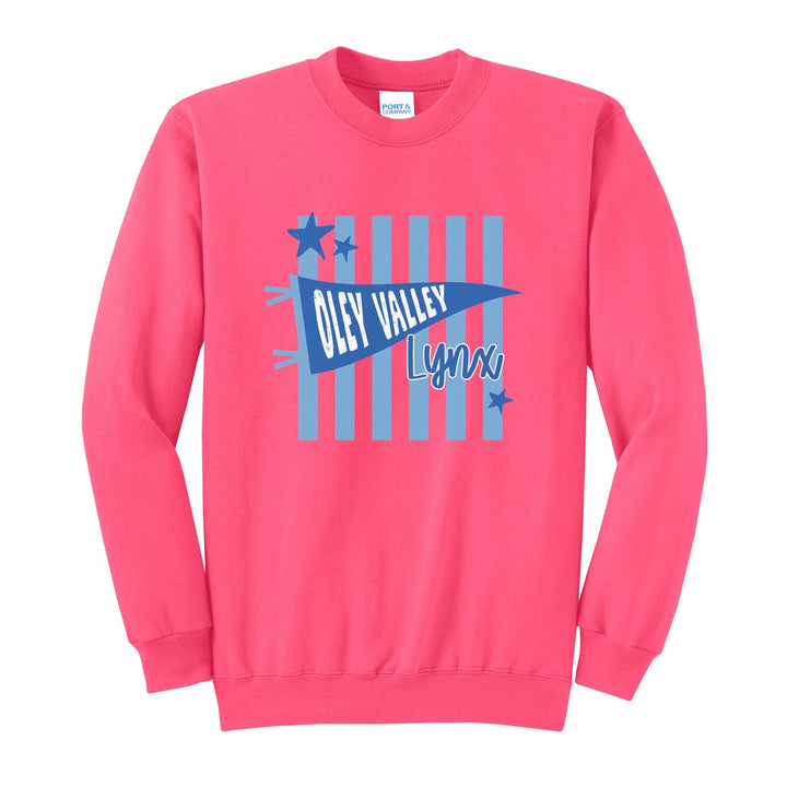 Oley Valley Lynx Pennant Stripes crewneck sweatshirt in Neon Pink: an Oley Valley pennant and Lynx script over light blue stripes and stars
