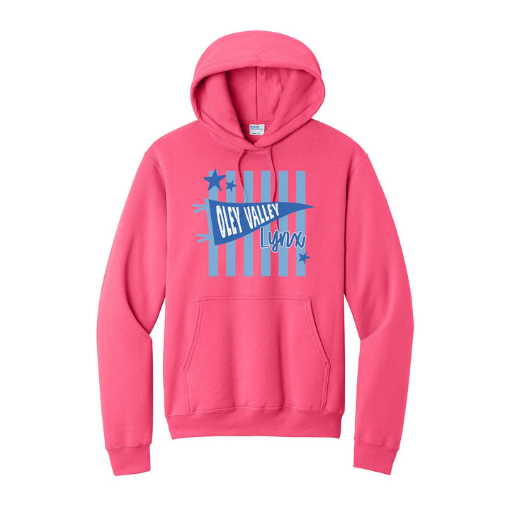 Oley Valley Lynx Pennant Stripes hoodie in Neon Pink: an Oley Valley pennant and Lynx script over light blue stripes and stars