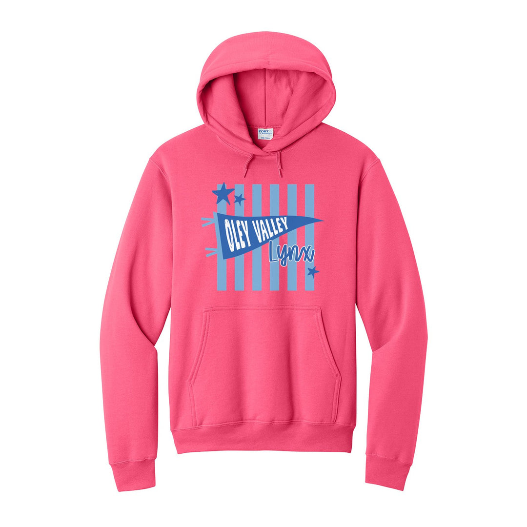 Oley Valley Lynx Pennant Stripes hoodie in Neon Pink: an Oley Valley pennant and Lynx script over light blue stripes and stars