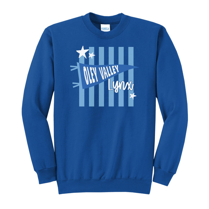 Oley Valley Lynx Pennant Stripes crewneck sweatshirt in Royal: an Oley Valley pennant and Lynx script over light blue stripes and stars