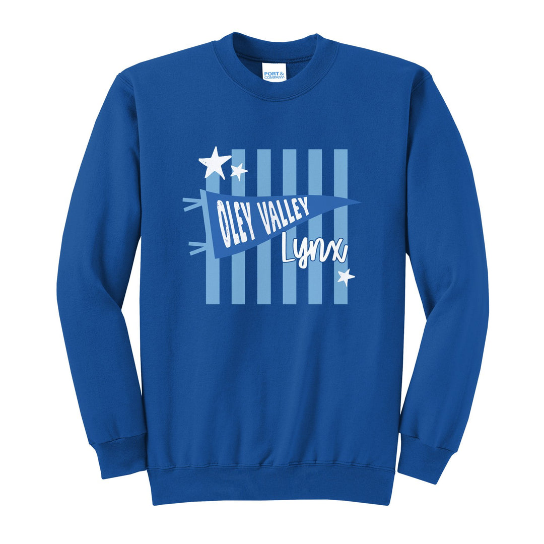Oley Valley Lynx Pennant Stripes crewneck sweatshirt in Royal: an Oley Valley pennant and Lynx script over light blue stripes and stars
