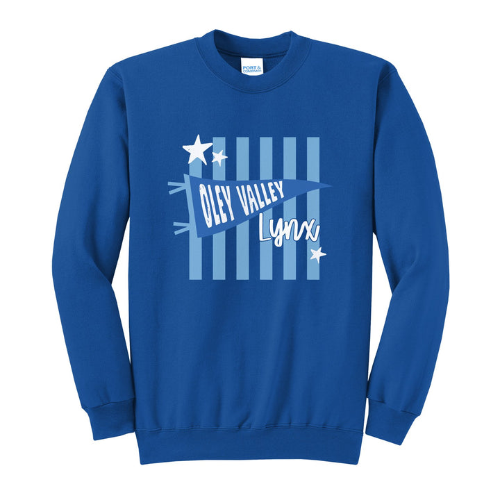 Oley Valley Lynx Pennant Stripes crewneck sweatshirt in Royal: an Oley Valley pennant and Lynx script over light blue stripes and stars