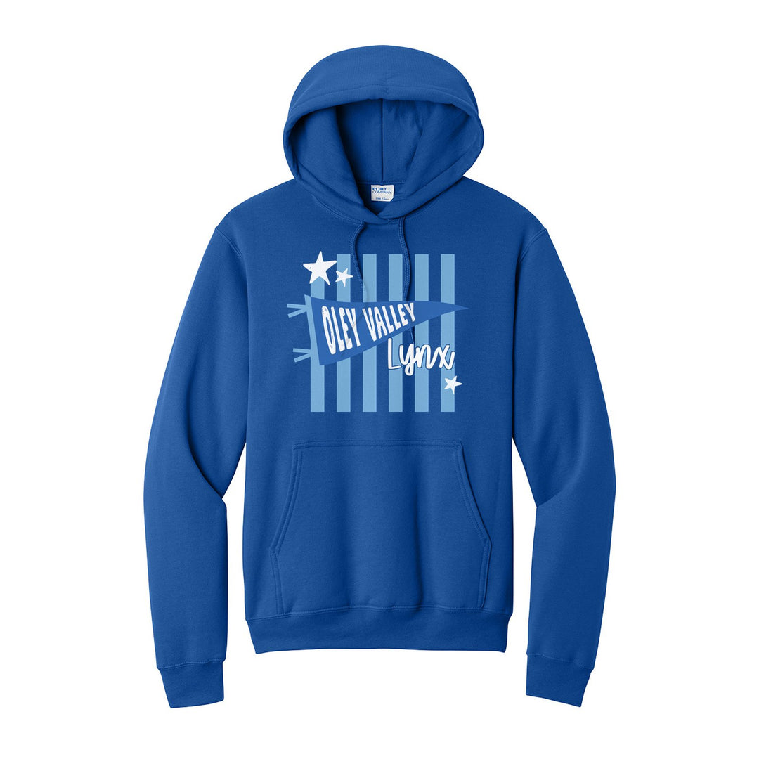 Oley Valley Lynx Pennant Stripes hoodie in Royal: an Oley Valley pennant and Lynx script over light blue stripes and stars