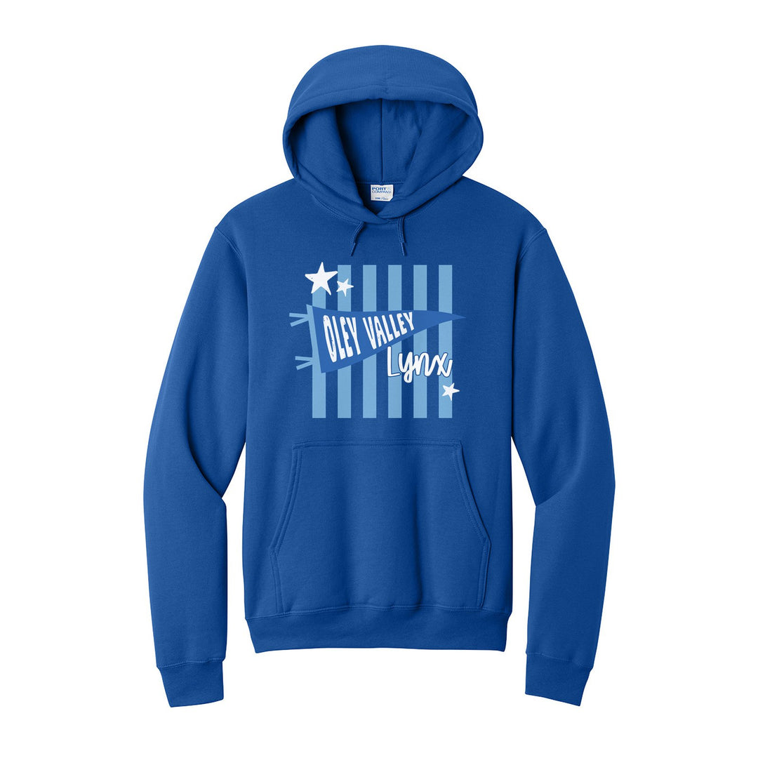 Oley Valley Lynx Pennant Stripes hoodie in Royal: an Oley Valley pennant and Lynx script over light blue stripes and stars