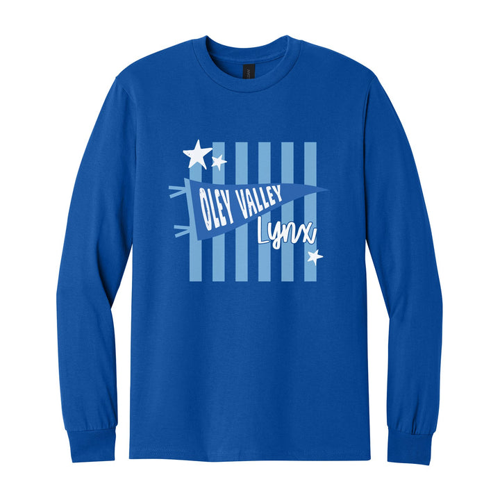 Oley Valley Lynx Pennant Stripes long sleeve t-shirt in Royal: an Oley Valley pennant and Lynx script over light blue stripes and stars