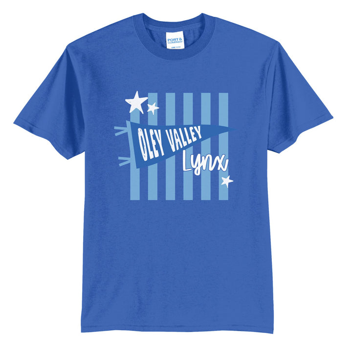 Oley Valley Lynx Pennant Stripes t-shirt in Royal: an Oley Valley pennant and Lynx script over light blue stripes and stars
