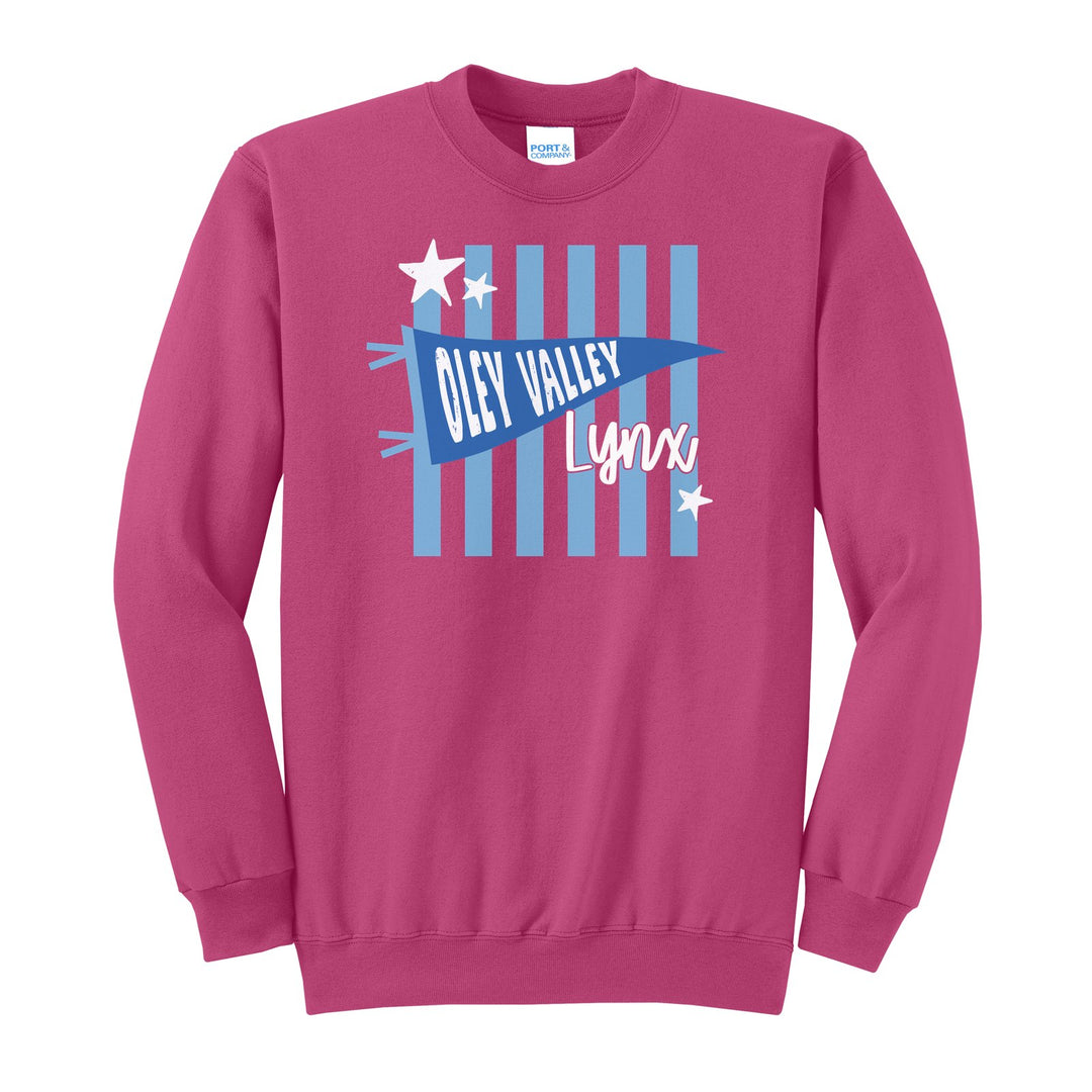 Oley Valley Lynx Pennant Stripes crewneck sweatshirt in Sangria: an Oley Valley pennant and Lynx script over light blue stripes and stars