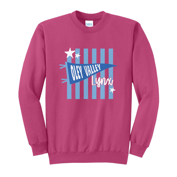 Oley Valley Lynx Pennant Stripes crewneck sweatshirt in Sangria: an Oley Valley pennant and Lynx script over light blue stripes and stars
