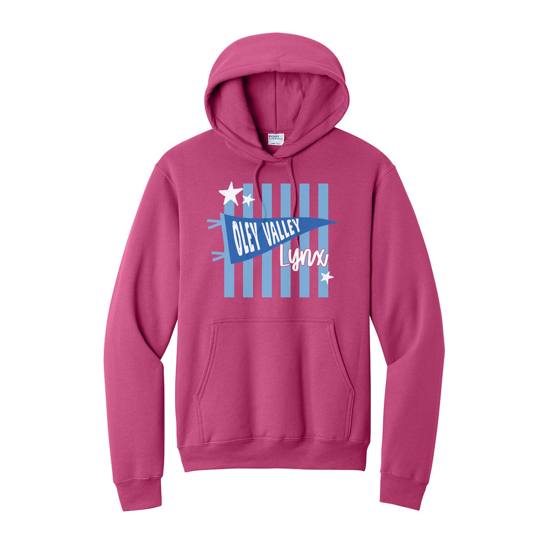 Oley Valley Lynx Pennant Stripes hoodie in Sangria: an Oley Valley pennant and Lynx script over light blue stripes and stars