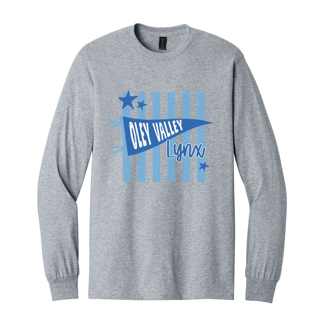 Oley Valley Lynx Pennant Stripes long sleeve t-shirt in Sport Grey: an Oley Valley pennant and Lynx script over light blue stripes and stars