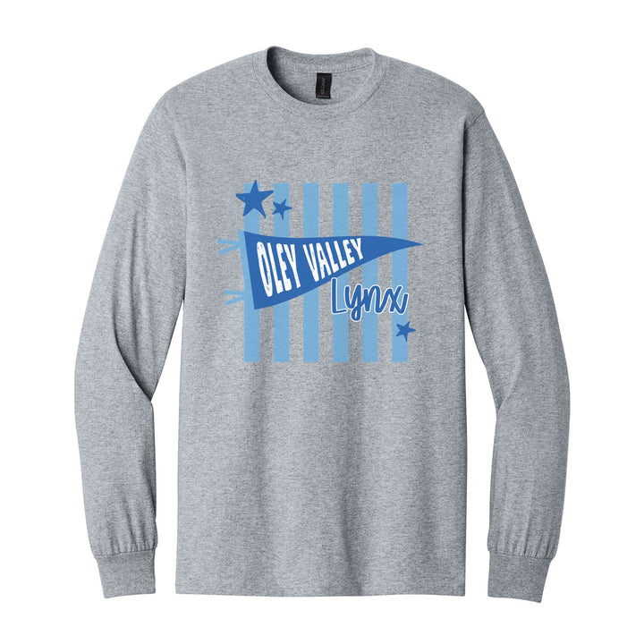 Oley Valley Lynx Pennant Stripes long sleeve t-shirt in Sport Grey: an Oley Valley pennant and Lynx script over light blue stripes and stars