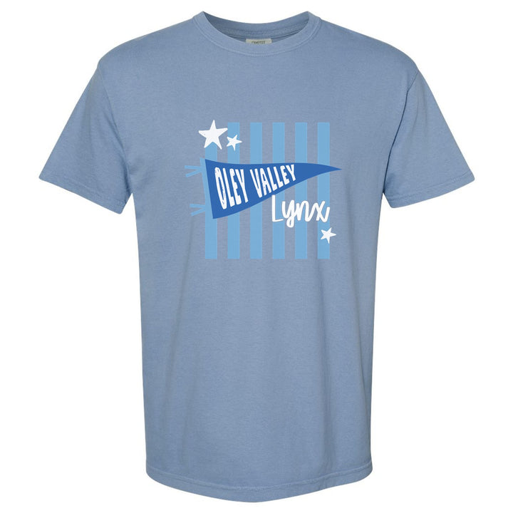 Oley Valley Lynx Pennant Stripes comfort colors t-shirt in Washed Denim: an Oley Valley pennant and Lynx script over light blue stripes and stars