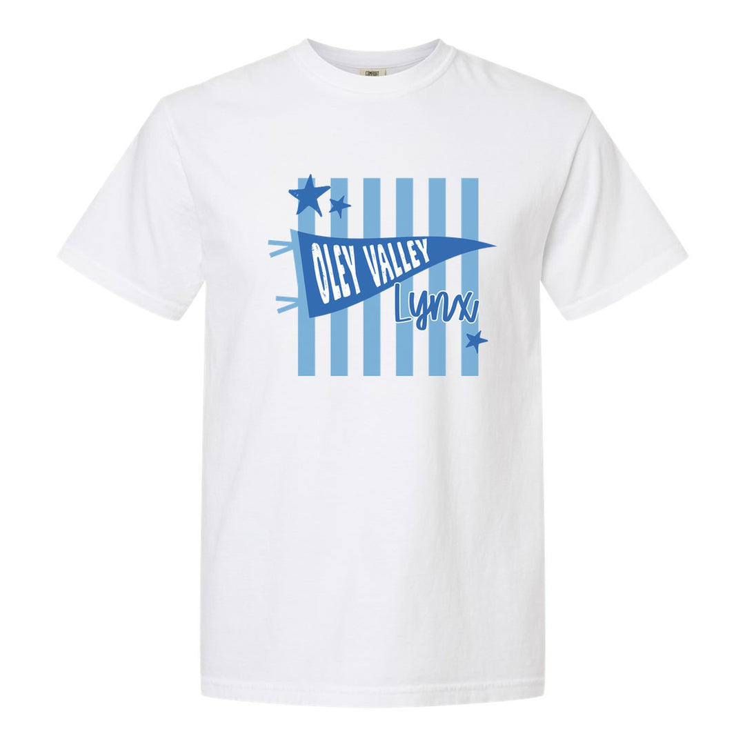 Oley Valley Lynx Pennant Stripes comfort colors t-shirt in White: an Oley Valley pennant and Lynx script over light blue stripes and stars