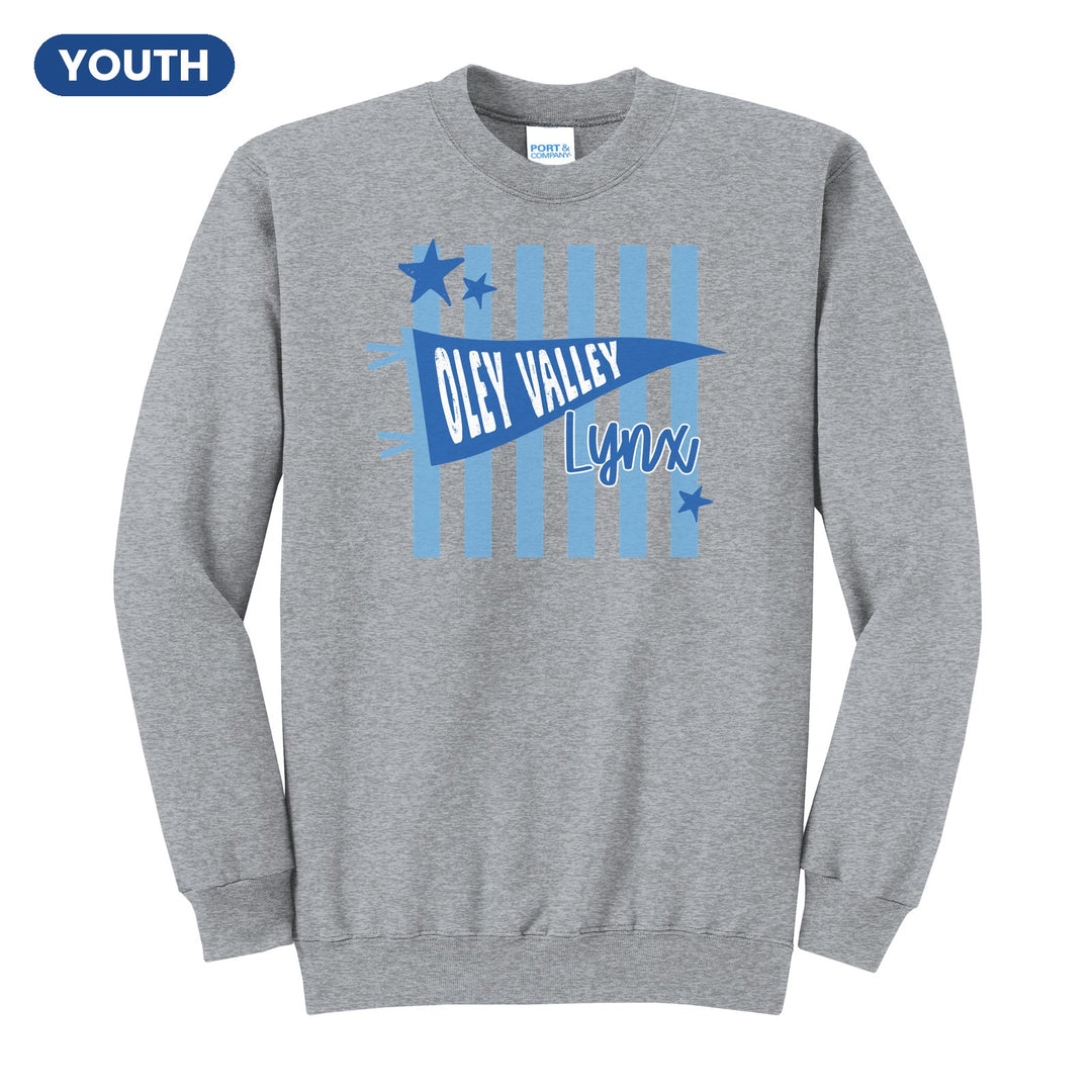 Oley Valley Lynx Pennant Stripes youth crewneck sweatshirt in Athletic Heather: an Oley Valley pennant and Lynx script over light blue stripes and stars