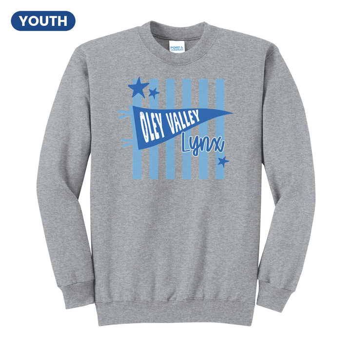 Oley Valley Lynx Pennant Stripes youth crewneck sweatshirt in Athletic Heather: an Oley Valley pennant and Lynx script over light blue stripes and stars