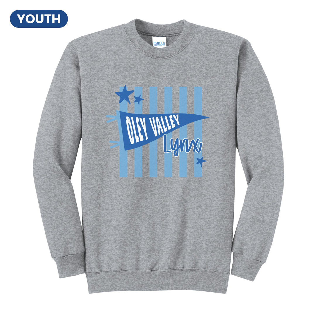 Oley Valley Lynx Pennant Stripes youth crewneck sweatshirt in Athletic Heather: an Oley Valley pennant and Lynx script over light blue stripes and stars