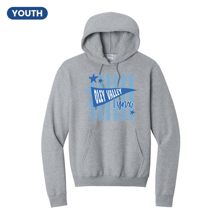 Oley Valley Lynx Pennant Stripes youth hoodie in Athletic Heather: an Oley Valley pennant and Lynx script over light blue stripes and stars