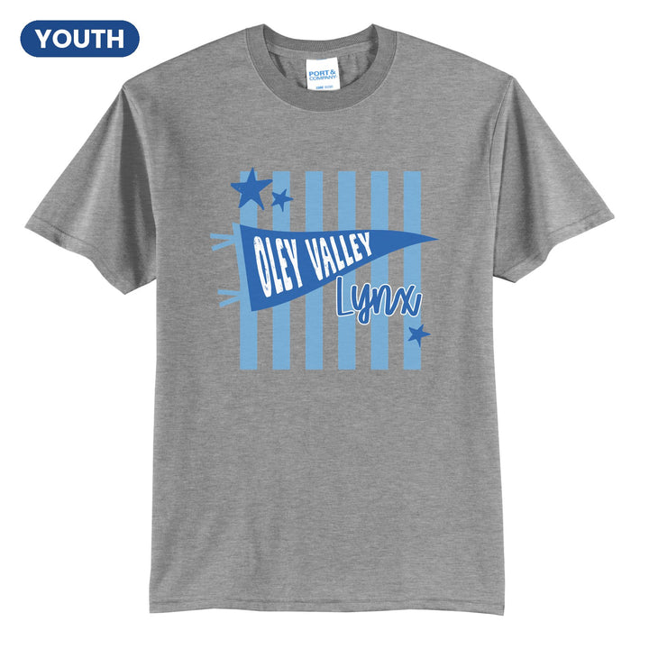 Oley Valley Lynx Pennant Stripes youth t-shirt in Athletic Heather: an Oley Valley pennant and Lynx script over light blue stripes and stars