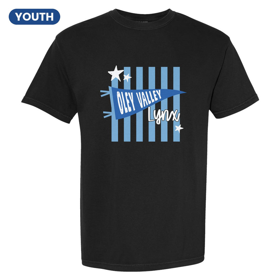 Oley Valley Lynx Pennant Stripes youth comfort colors t-shirt in Black: an Oley Valley pennant and Lynx script over light blue stripes and stars