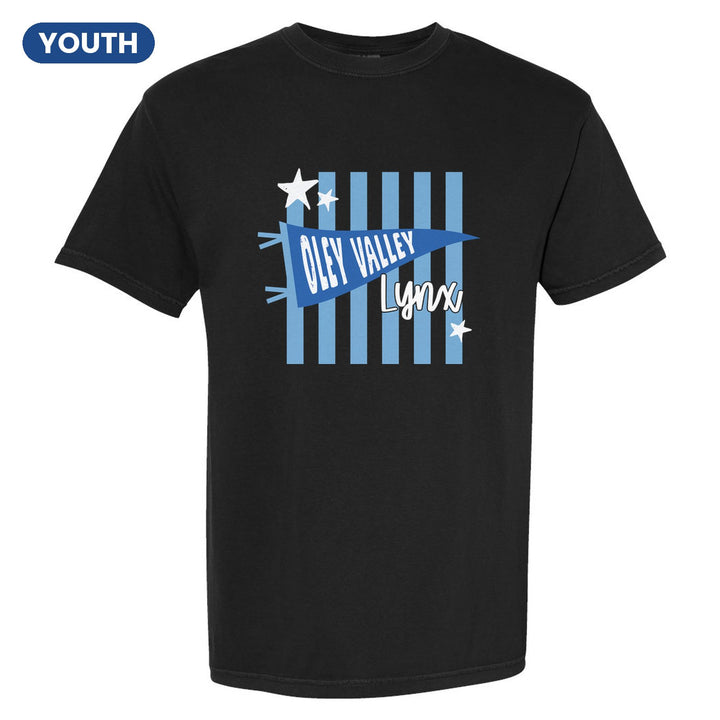 Oley Valley Lynx Pennant Stripes youth comfort colors t-shirt in Black: an Oley Valley pennant and Lynx script over light blue stripes and stars