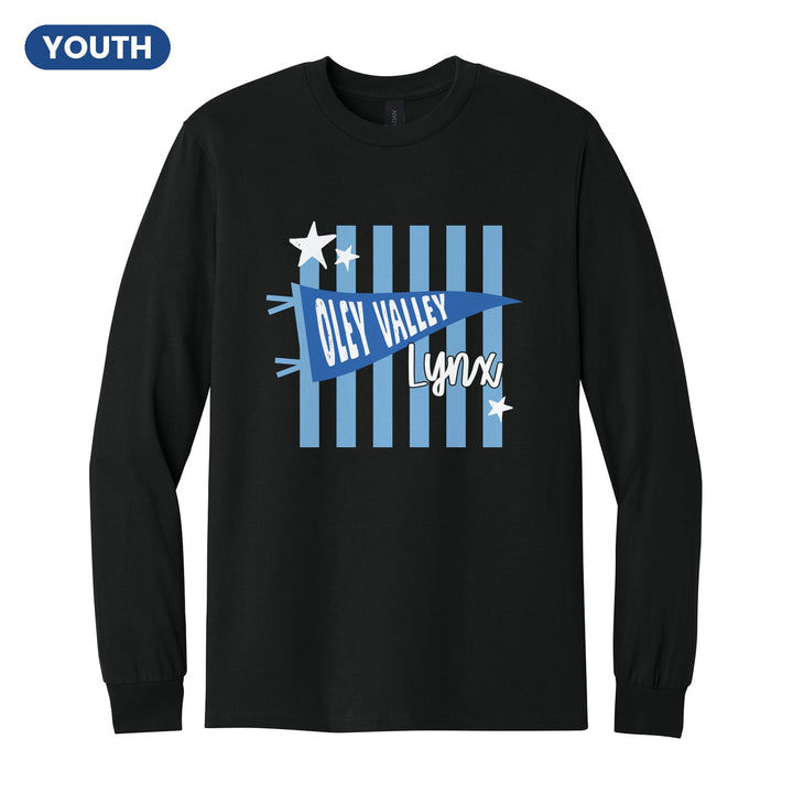Oley Valley Lynx Pennant Stripes youth long sleeve t-shirt in Black: an Oley Valley pennant and Lynx script over light blue stripes and stars