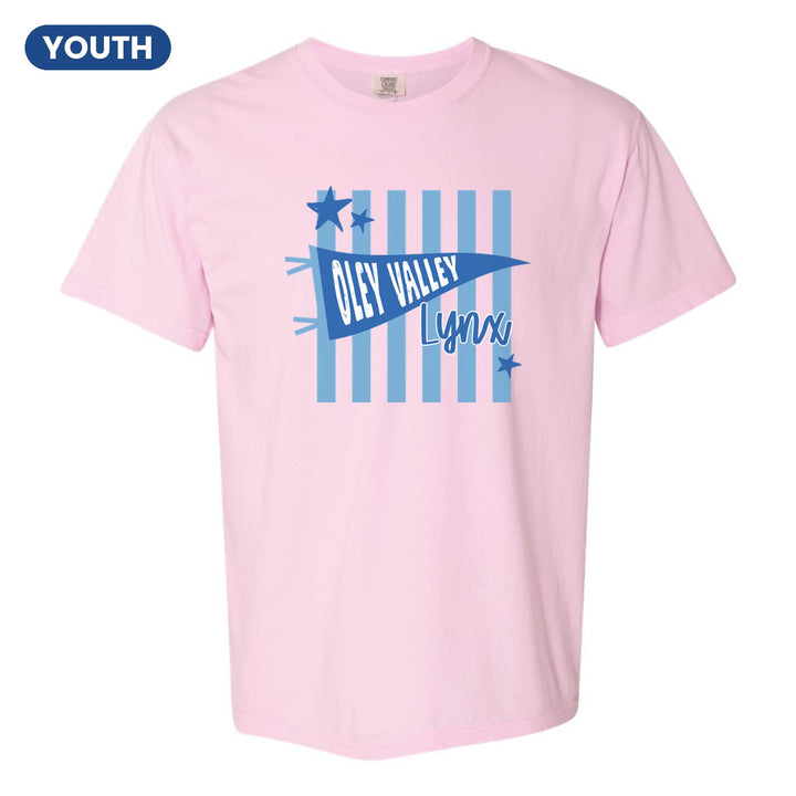 Oley Valley Lynx Pennant Stripes youth comfort colors t-shirt in Blossom: an Oley Valley pennant and Lynx script over light blue stripes and stars