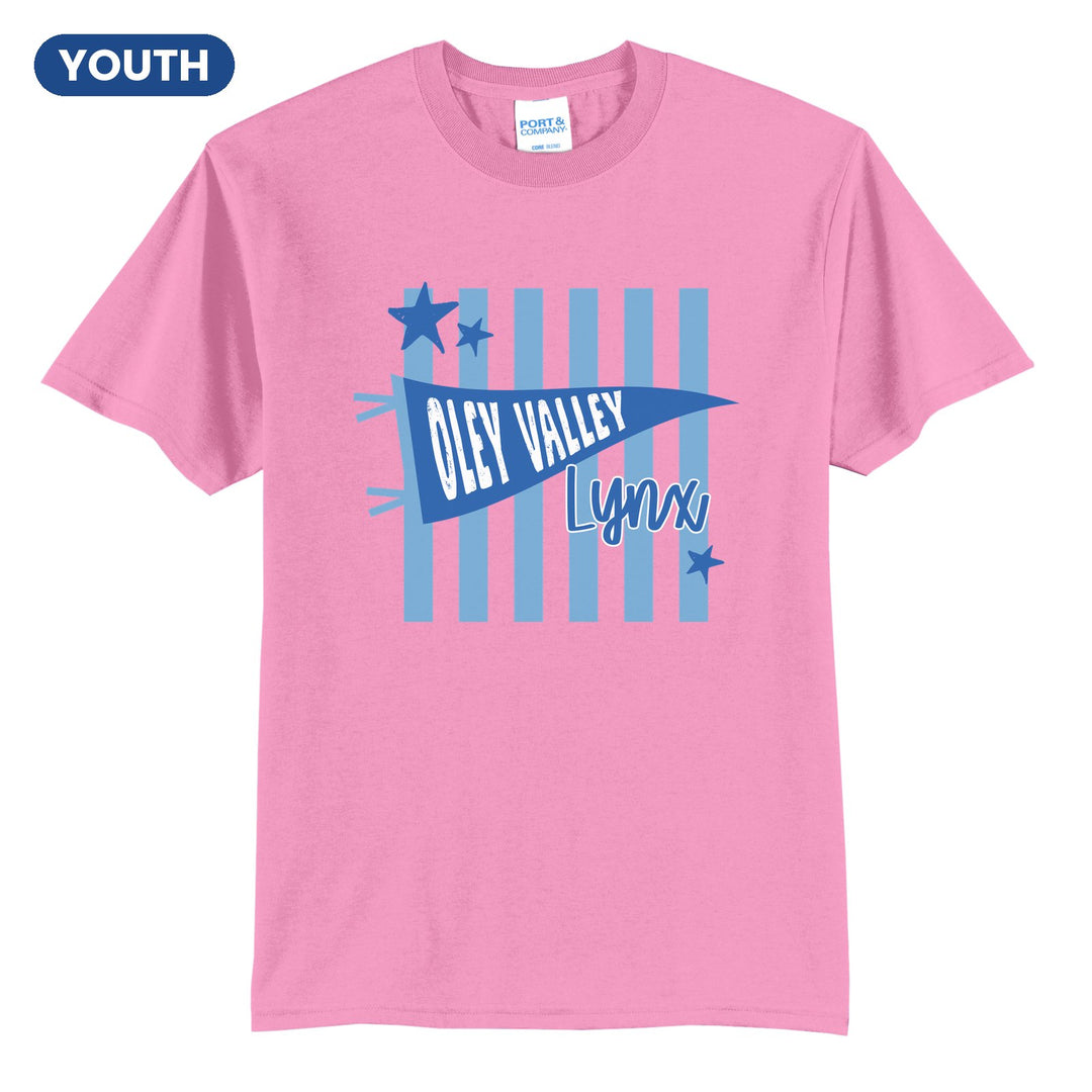 Oley Valley Lynx Pennant Stripes youth t-shirt in Candy Pink: an Oley Valley pennant and Lynx script over light blue stripes and stars